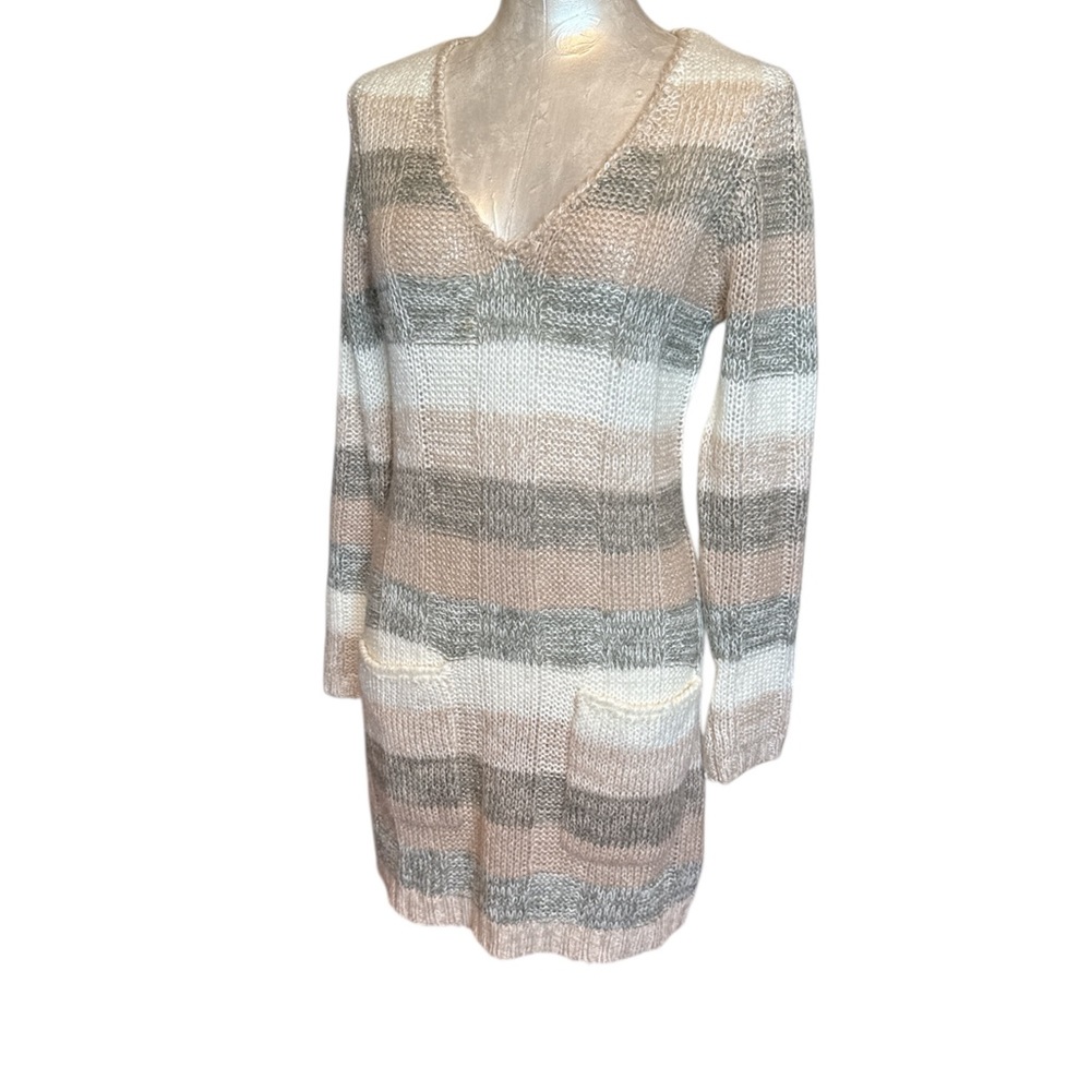 Ultra Flirt Striped Sweater Dress V-Neck Knit Neutral Tan Gray L Pocketed